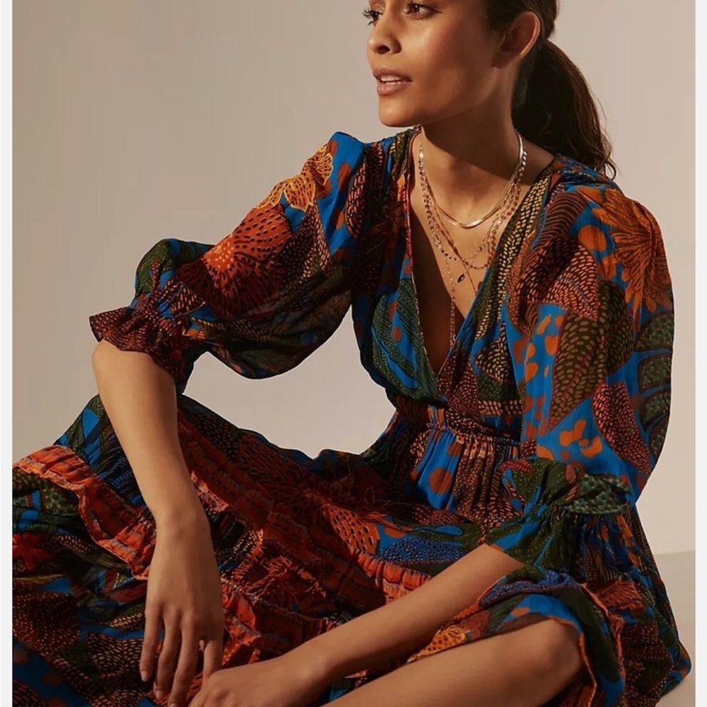 FARM Rio Vibrant Blue and Orange Long Sleeve Dress